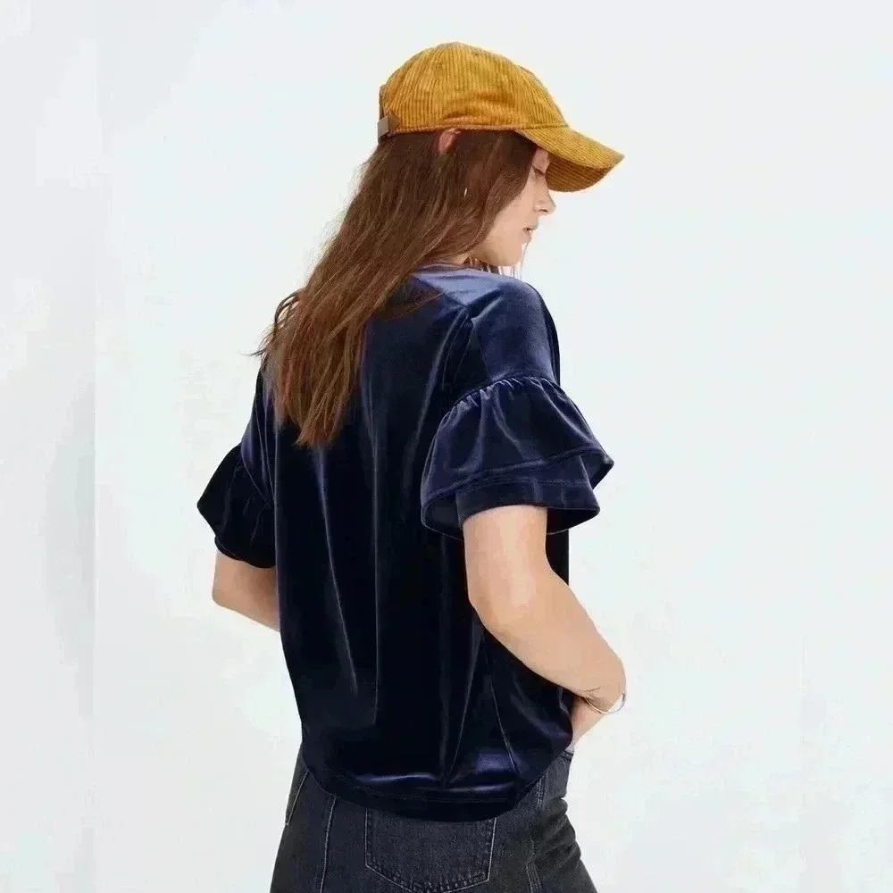 MADEWELL Women’s XS Blue Velvet Ruffle-Sleeve Tee - Picture 6 of 10